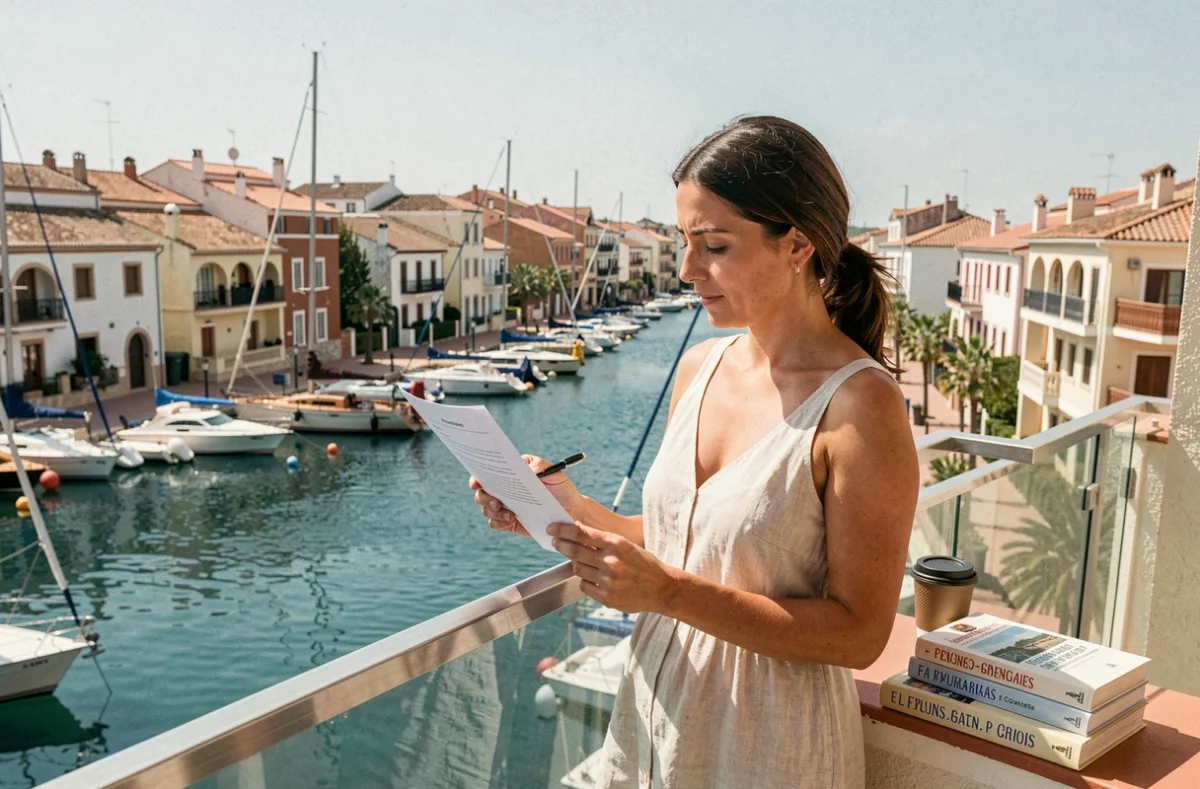 Femme étudiant un contrat immobilier sur la terrasse d'un appartement avec vue sur le canal d'Empuriabrava