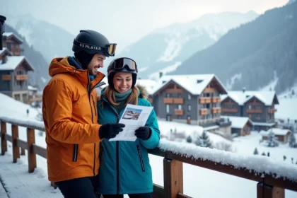 Couple de skieurs consultant une brochure immobilière sur une terrasse enneigée de la station des Menuires avec vue sur les chalets alpins