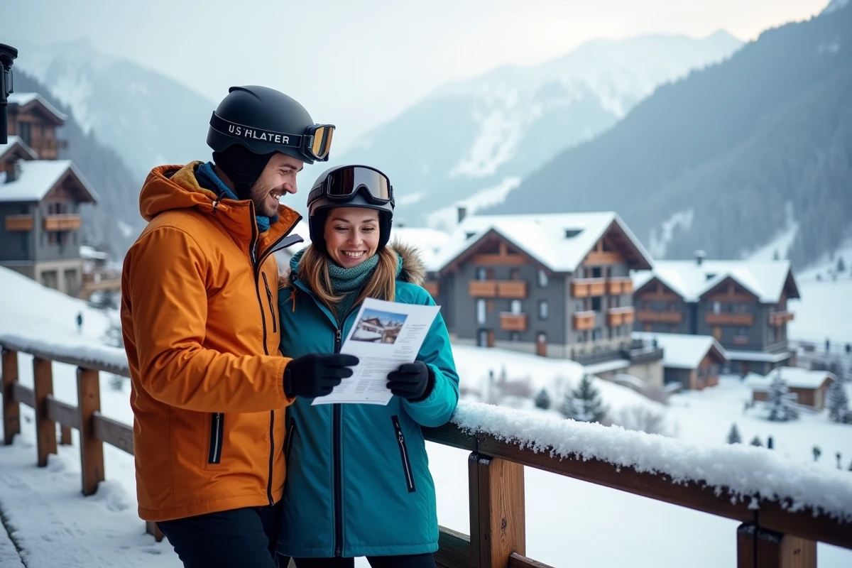 Couple de skieurs consultant une brochure immobilière sur une terrasse enneigée de la station des Menuires avec vue sur les chalets alpins