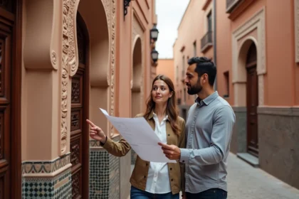Couple marocain examinant les plans d'achat d'une maison traditionnelle riad à Marrakech face à la hausse des prix immobiliers en 2026