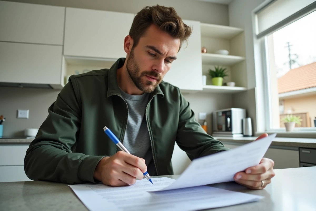 Acheteur immobilier annotatnt un contrat de vente à domicile, étudiant les clauses relatives à une toiture partagée sans copropriété