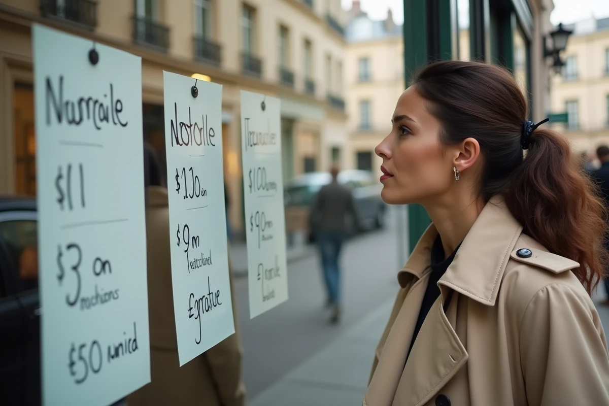 Femme en trench-coat beige devant la vitrine d'une agence immobilière dans le 16e arrondissement de Paris, observant des annonces de biens de luxe avec des prix élevés affichés