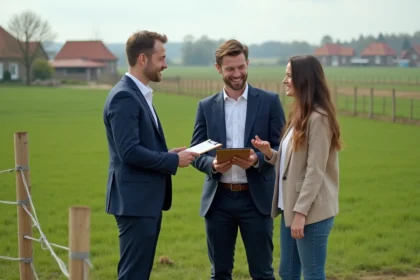 Agent immobilier en costume bleu discutant avec un couple dans la campagne