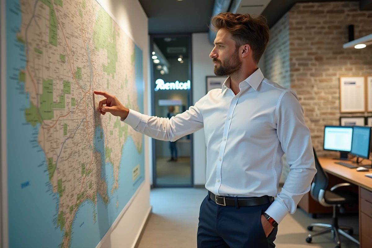 Agent immobilier présentant une carte des quartiers rentables de Nogent-sur-Marne dans une agence immobilière locale