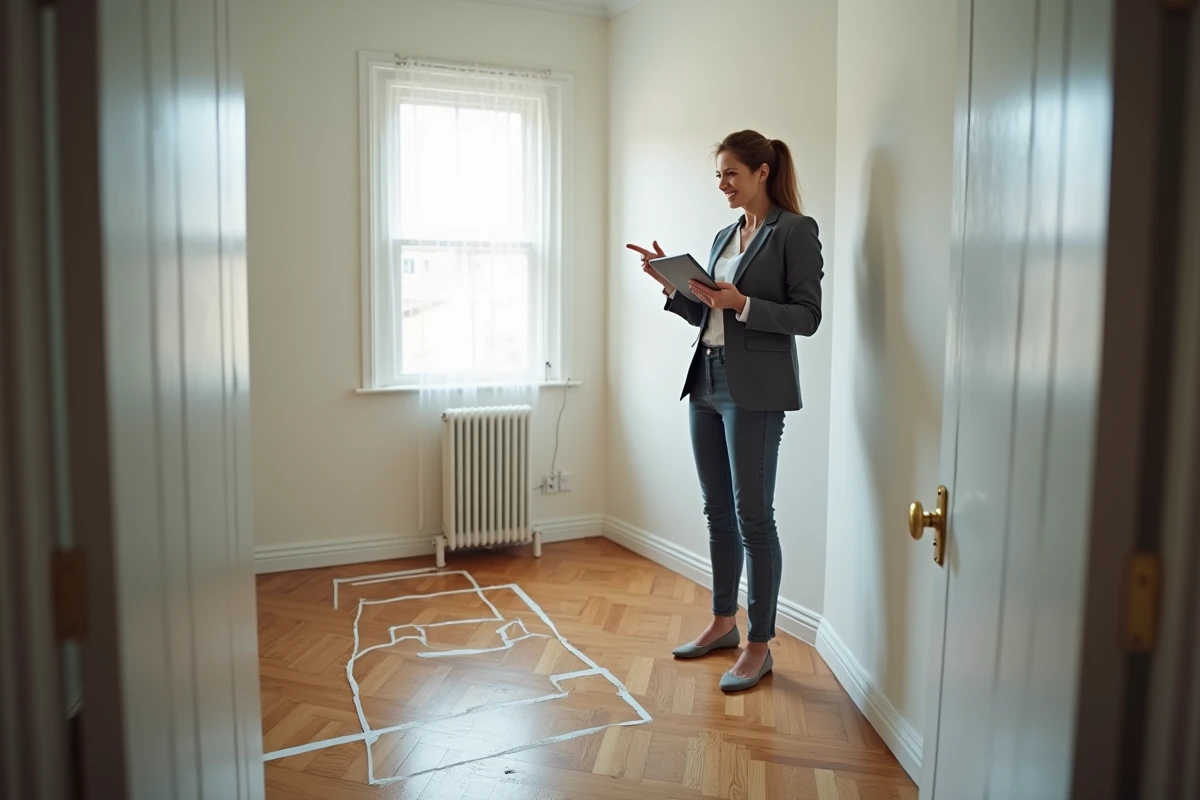 Agent immobilier présentant une petite chambre de T2 vide avec ruban de délimitation au sol