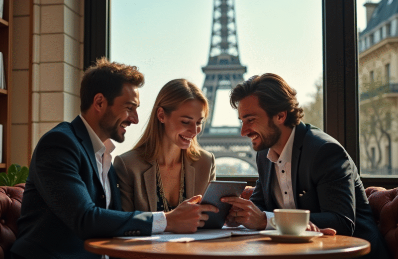 Agent immobilier et couple regardant une annonce à Paris
