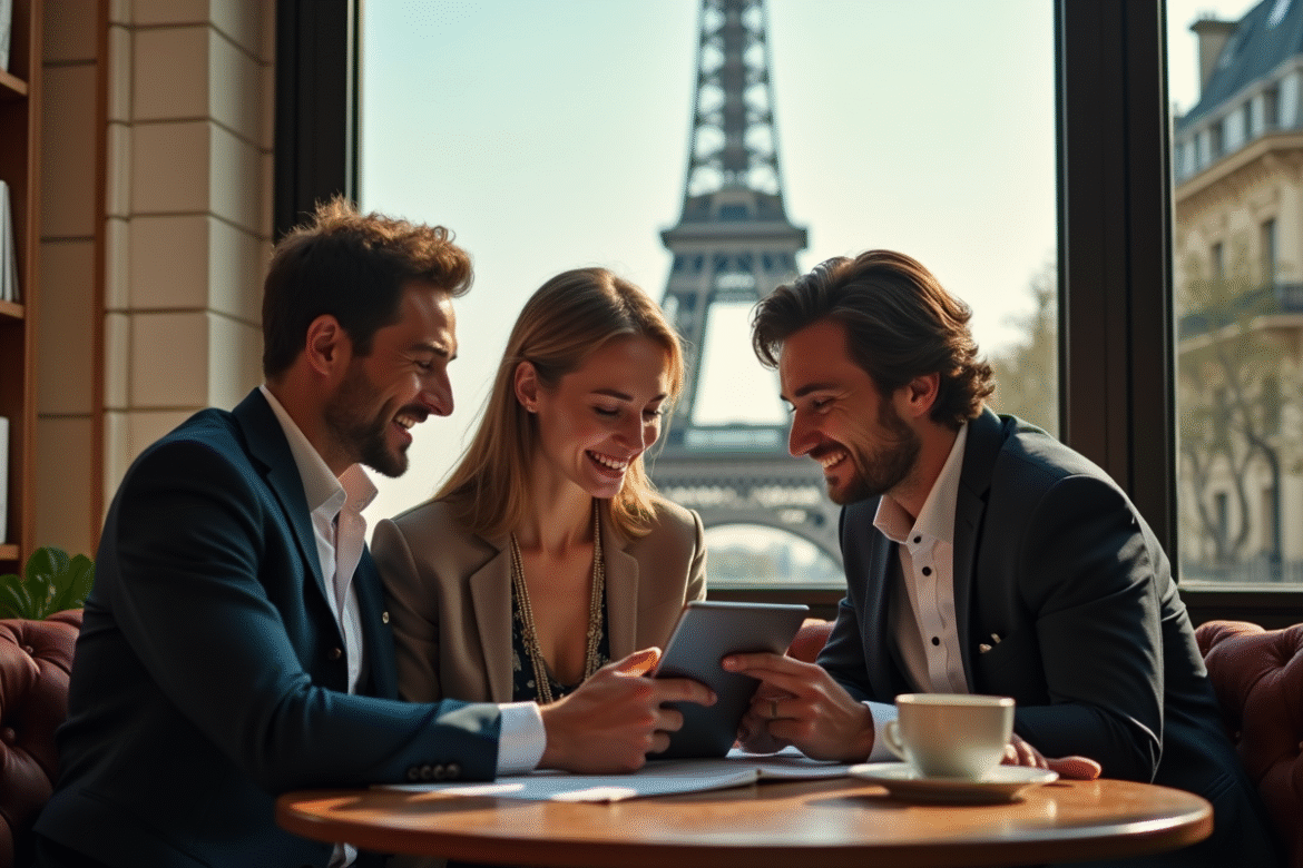 Agent immobilier et couple regardant une annonce à Paris
