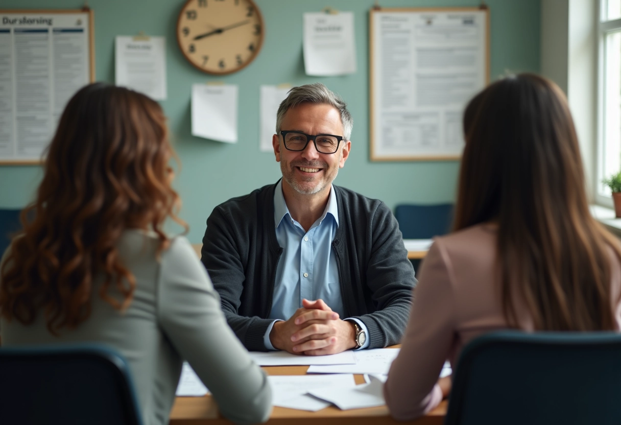 Agent immobilier parlant avec un couple dans un bureau de logement social