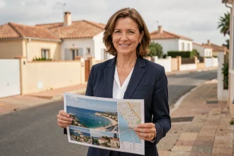 Agent immobilière tenant un plan de quartier à Fréjus, conseil achat immobilier 2026