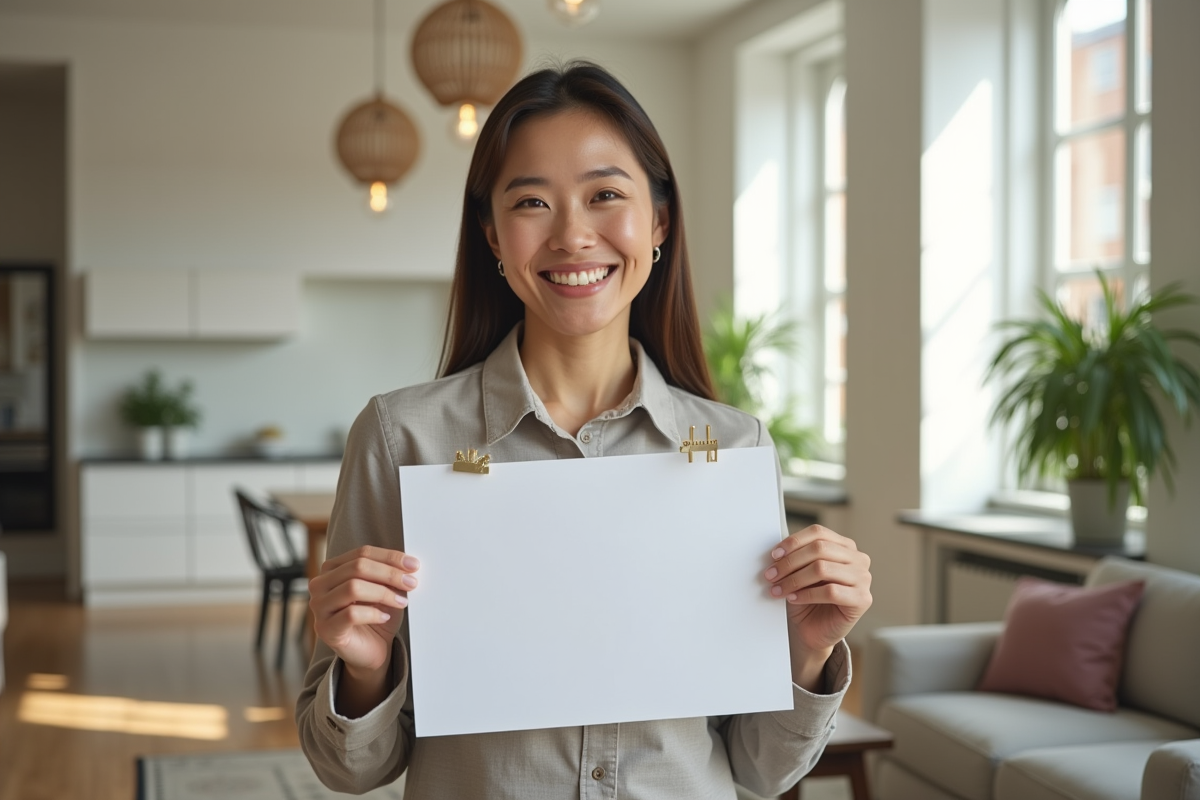 Agent immobilier souriant dans un salon lumineux avec panneau
