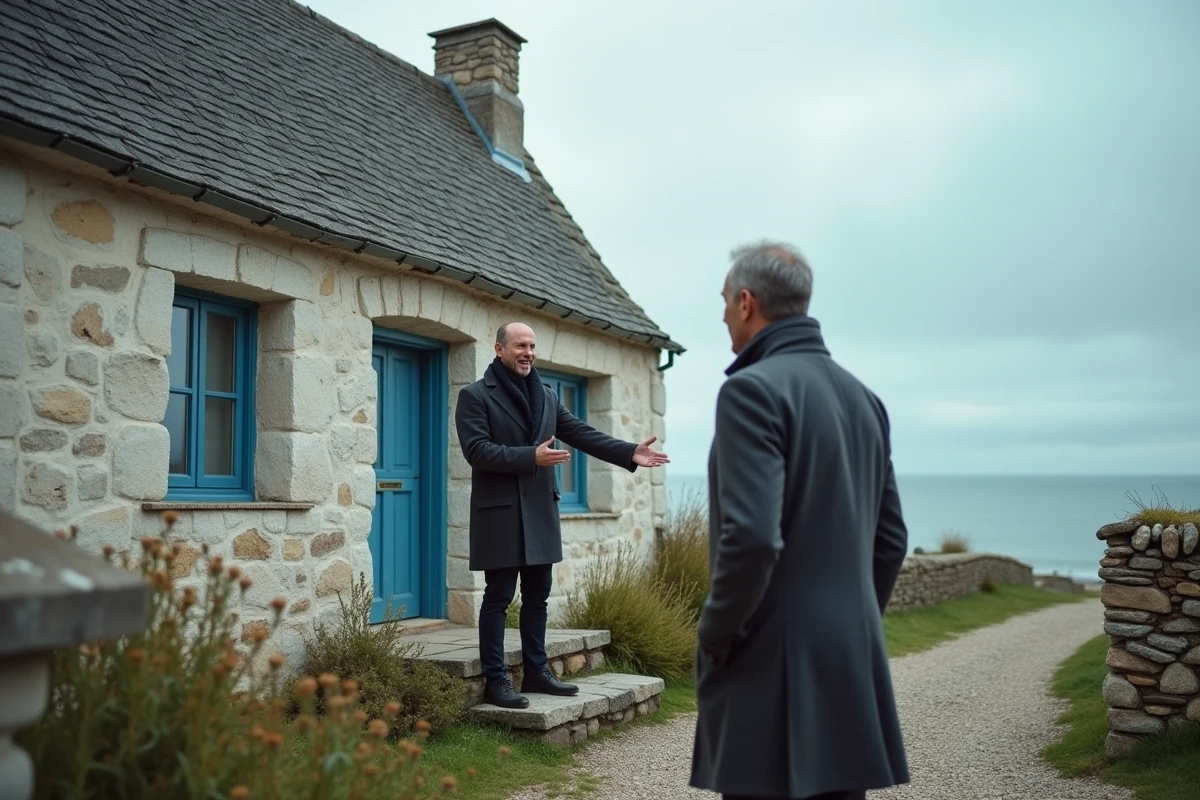 Agent immobilier présentant une longère normande à vendre en bord de mer lors d'une visite immobilière