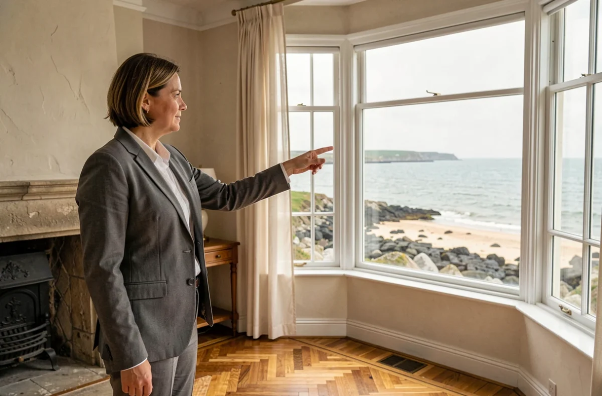 Agent immobilier présentant une maison normande avec vue directe sur la mer depuis le salon