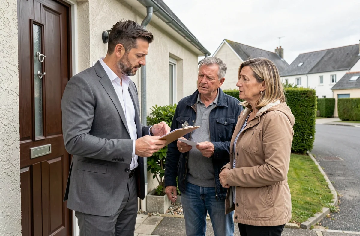 Agent immobilier expliquant les différences entre mandat simple et exclusif à un couple en cours de divorce devant leur maison
