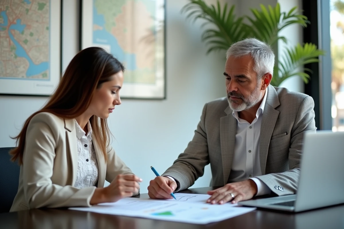 Agent immobilier et cliente discutant des prix de l'immobilier à Marrakech Guéliz lors d'une transaction d'achat de maison en 2026