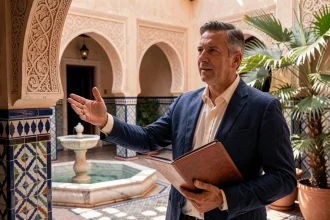 Agent immobilier présentant un riad traditionnel à vendre à Marrakech avec cour en zellige et fontaine en marbre