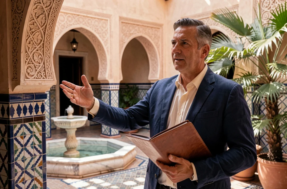 Agent immobilier présentant un riad traditionnel à vendre à Marrakech avec cour en zellige et fontaine en marbre
