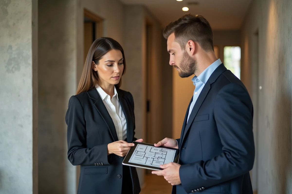 Agent immobilier montrant un plan sur une tablette à un client