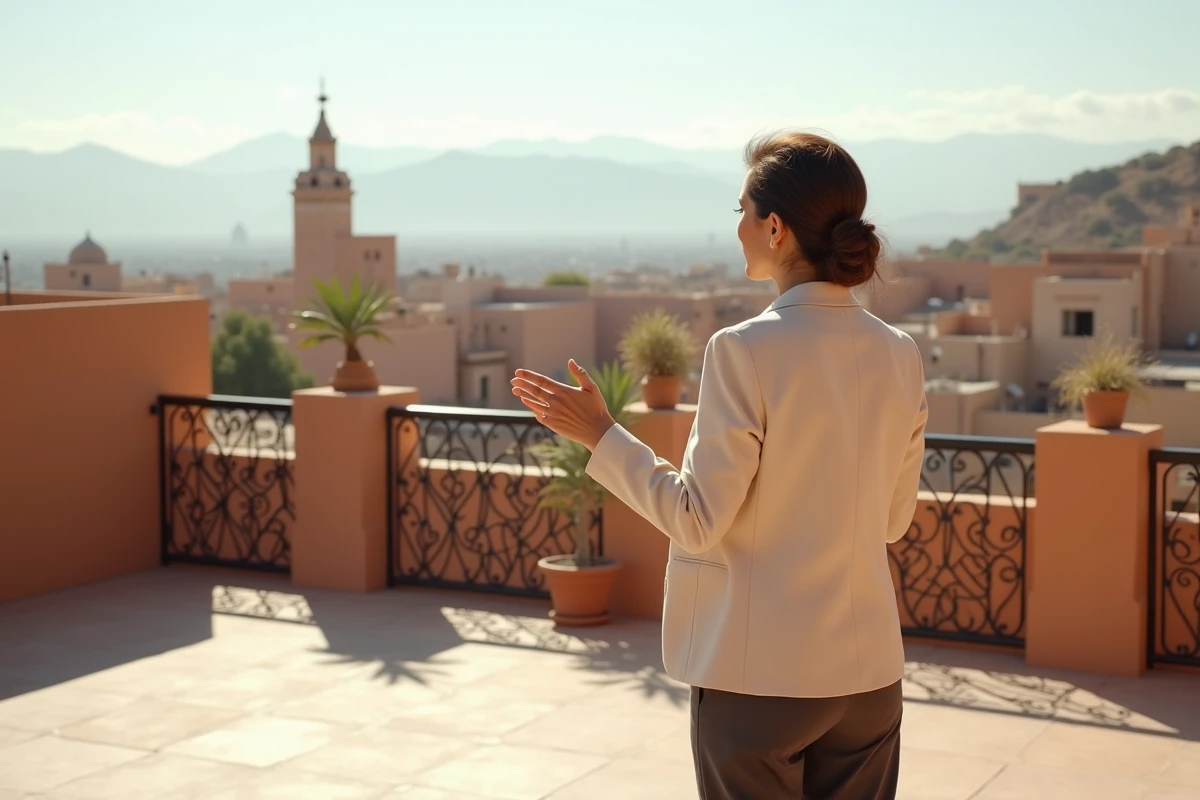 Agent immobilière sur une terrasse de rooftop à Marrakech montrant la vue sur l'Atlas et les toits de la médina depuis un appartement à vendre