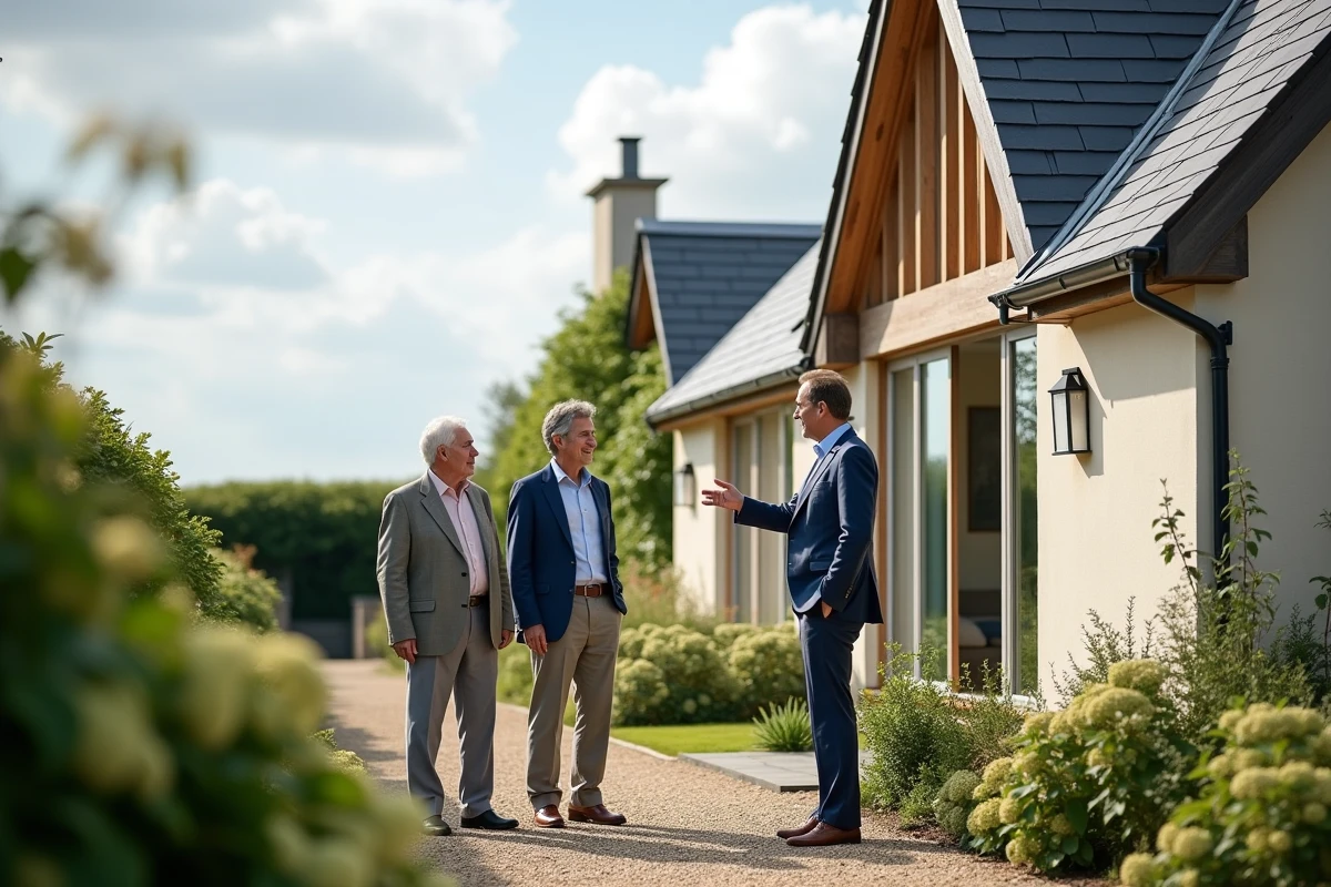 Agent immobilier présentant une villa normande en bord de mer à un couple de futurs retraités