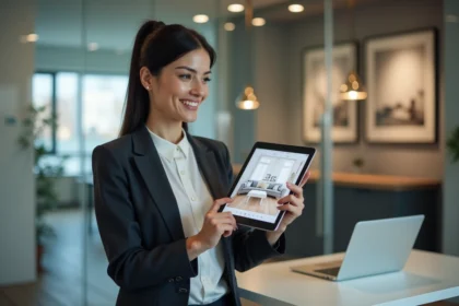 Agent immobilière présentant une visite virtuelle 360 sur tablette dans une agence moderne