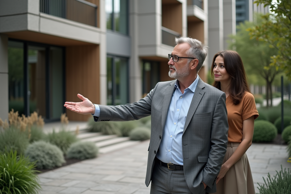 Agent immobilier montrant un bâtiment à un couple