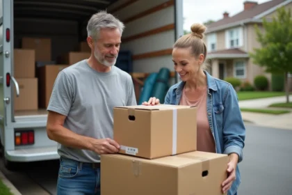 Couple en jeans aidant au déménagement dans un quartier résidentiel