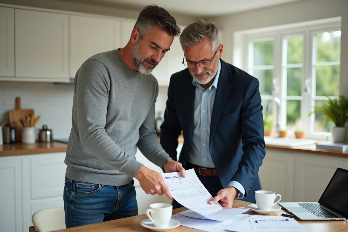 Propriétaire et conseiller immobilier analysant un devis de bornage terrain pour négocier le tarif du géomètre-expert