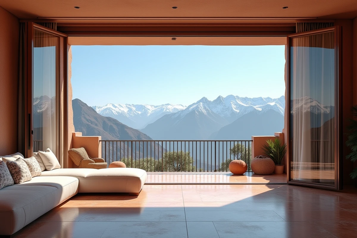 Salon d'appartement marocain moderne avec terrasse ouverte offrant une vue panoramique sur les montagnes de l'Atlas enneigées à Marrakech