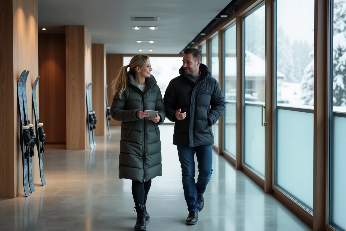 Agent immobilier présentant un appartement à vendre aux Menuires à un acheteur potentiel dans le couloir d'une résidence de ski moderne