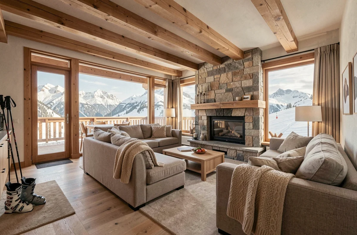 Intérieur moderne d'un appartement de ski aux Menuires avec vue panoramique sur les sommets enneigés et les pistes