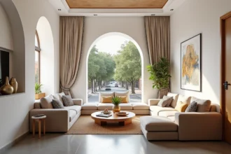 Salon moderne d'un appartement à vendre à Guéliz Marrakech avec décoration marocaine contemporaine et vue sur boulevard