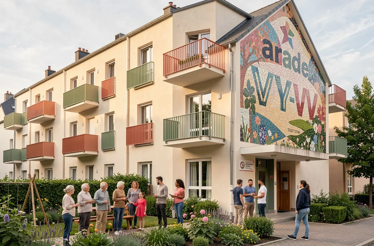 Logements accessibles et solidaires d'Arcade-VYV avec fresque murale et jardin partagé dans un quartier parisien