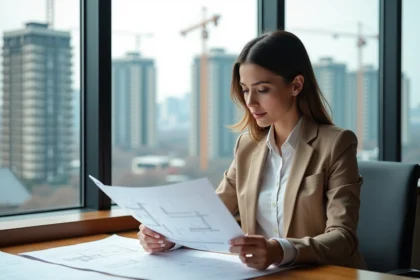 Jeune femme architecte examinant des plans dans un bureau moderne