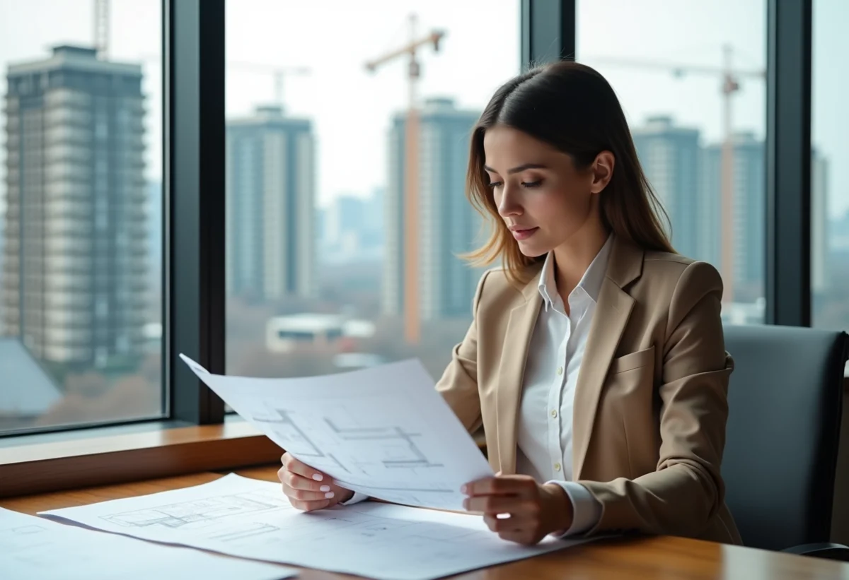 Jeune femme architecte examinant des plans dans un bureau moderne