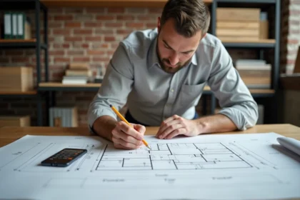 Architecte utilisant une calculatrice en m2 sur smartphone pour annoter des plans de construction sur une table de travail en bois