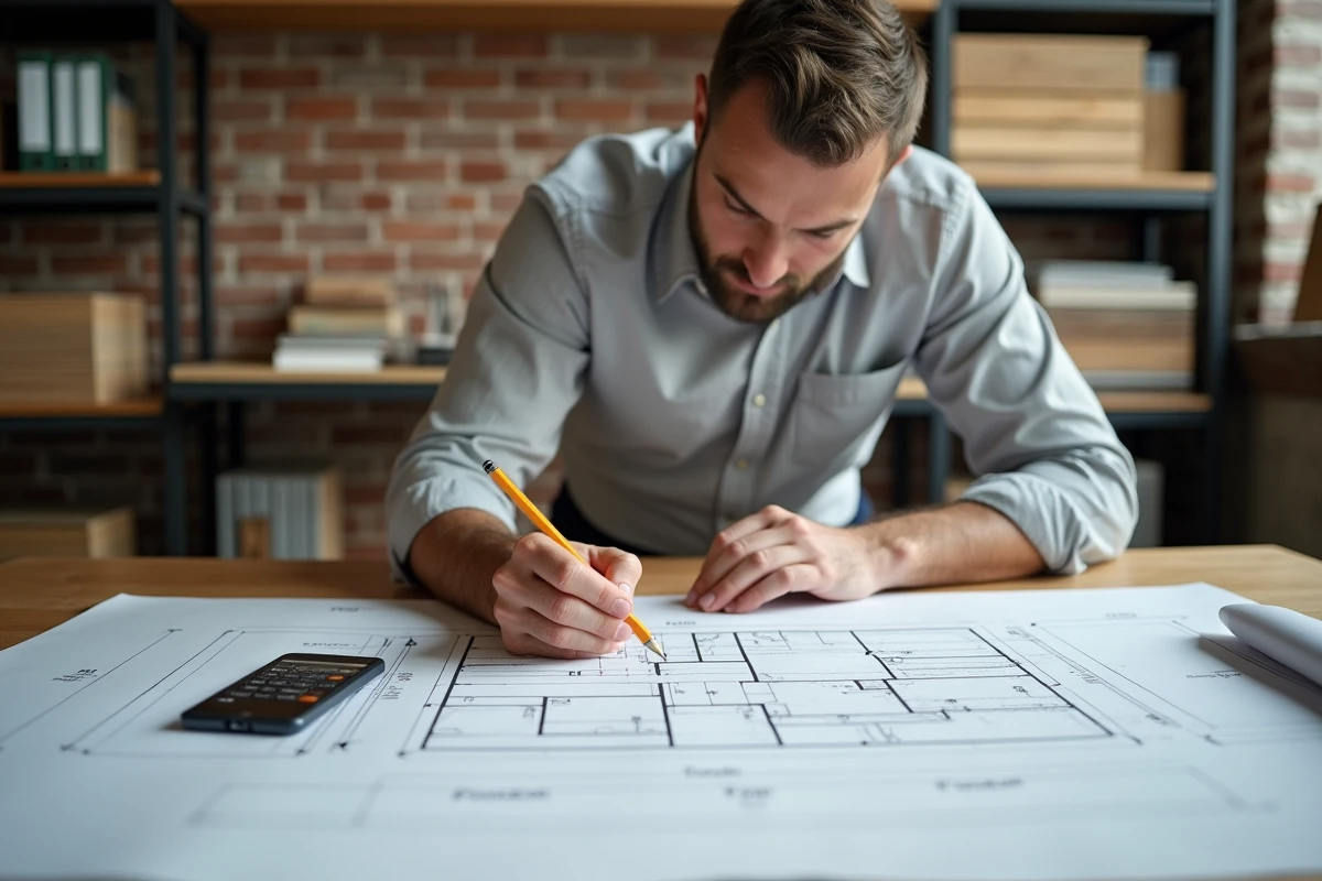 Architecte utilisant une calculatrice en m2 sur smartphone pour annoter des plans de construction sur une table de travail en bois