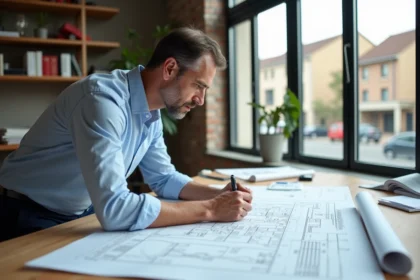 Architecte examinant un certificat d'urbanisme opérationnel sur une table à dessin dans un bureau professionnel