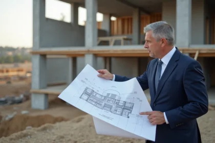 Architecte homme en costume bleu examinant un plan de construction