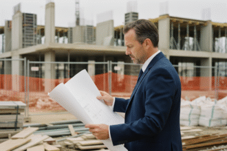 Architecte homme en costume bleu sur un chantier