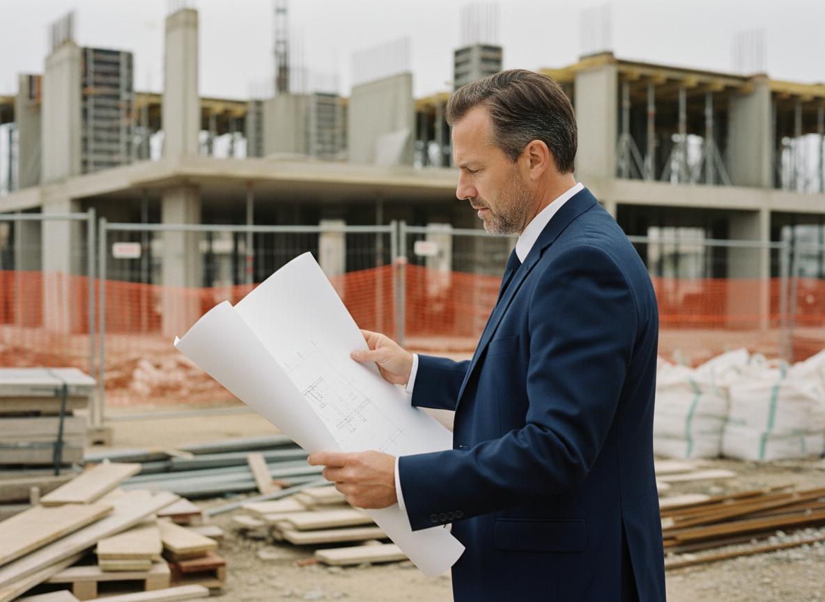 Architecte homme en costume bleu sur un chantier