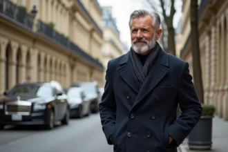 Homme élégant en manteau de laine marine marchant sur un boulevard haussmannien dans le 8e arrondissement de Paris, façades en pierre dorée et balcons en fer forgé en arrière-plan