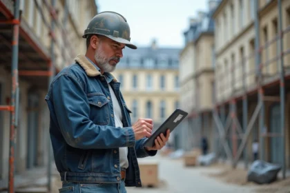 Artisan homme regardant des plans architecturaux à Paris