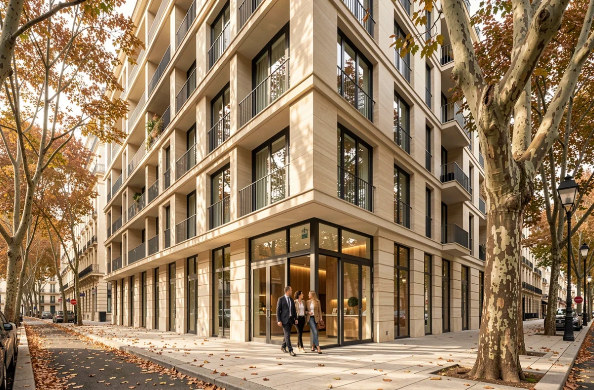 Immeuble résidentiel haut de gamme de Bouygues Immobilier dans une avenue parisienne arborée