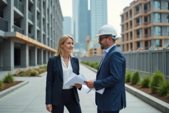 Femme d'affaires discutant avec un architecte devant un immeuble en construction