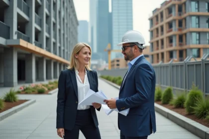 Femme d'affaires discutant avec un architecte devant un immeuble en construction