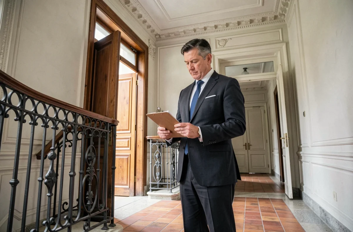 Gestionnaire du Cabinet Charpy dans le hall d'un immeuble classique à Clermont-Ferrand pour la gestion de syndic