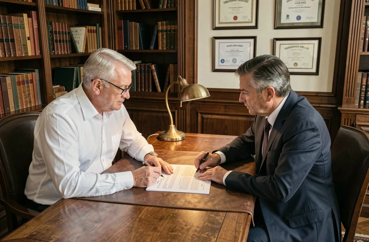 Client et notaire examinant un document juridique dans un cabinet notarial traditionnel