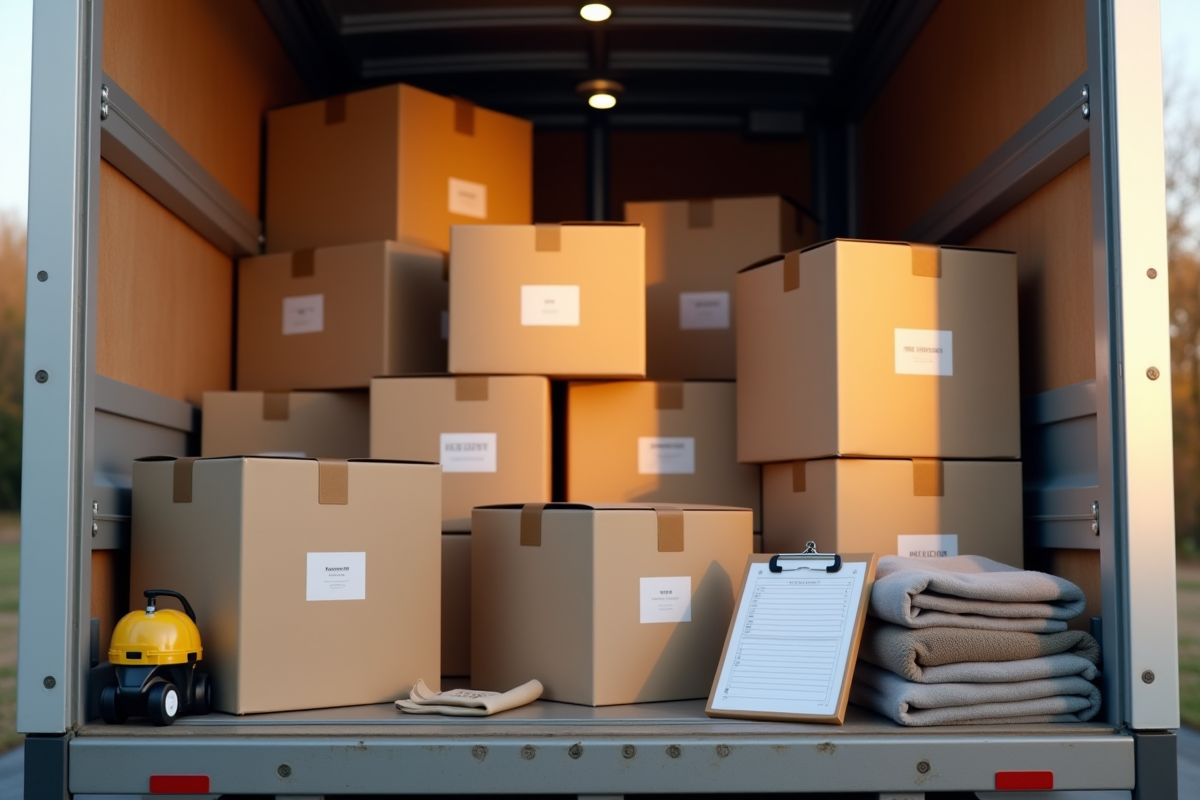 Caisses de déménagement étiquetées dans un camion moderne