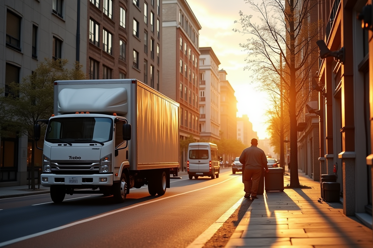 Camion de déménagement dans une rue de ville au matin
