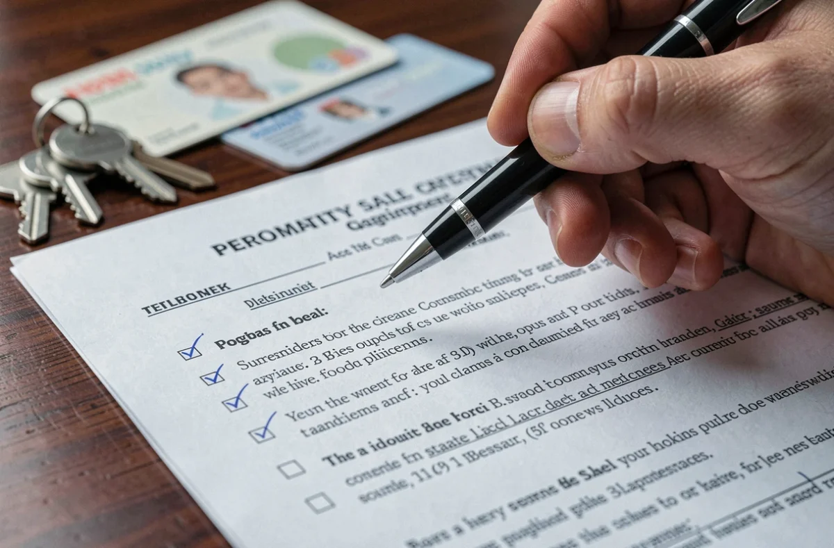Gros plan d'une main tenant un stylo au-dessus d'une check-list et d'un acte de vente immobilier avant signature chez le notaire